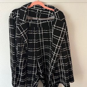 3x Two piece, black, and white suit